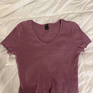 SHEIN Ribbed V-Neck Short Sleeve Top - Dusty Rose